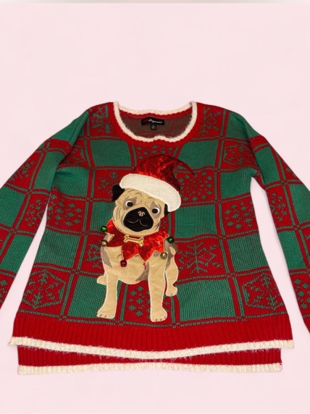 Festive Pug Appliqué Crewneck Sweater - Red & Green